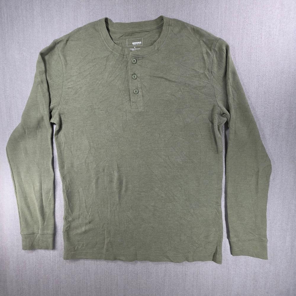 Sonoma Henley Shirt Men Large Green Long Sleeve Waffle Knit Thermal Cotton Blend